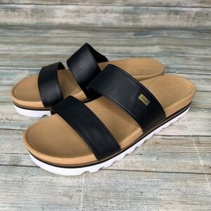 Reef Women's Black and Tan Dual-Strip Slide Sandals
